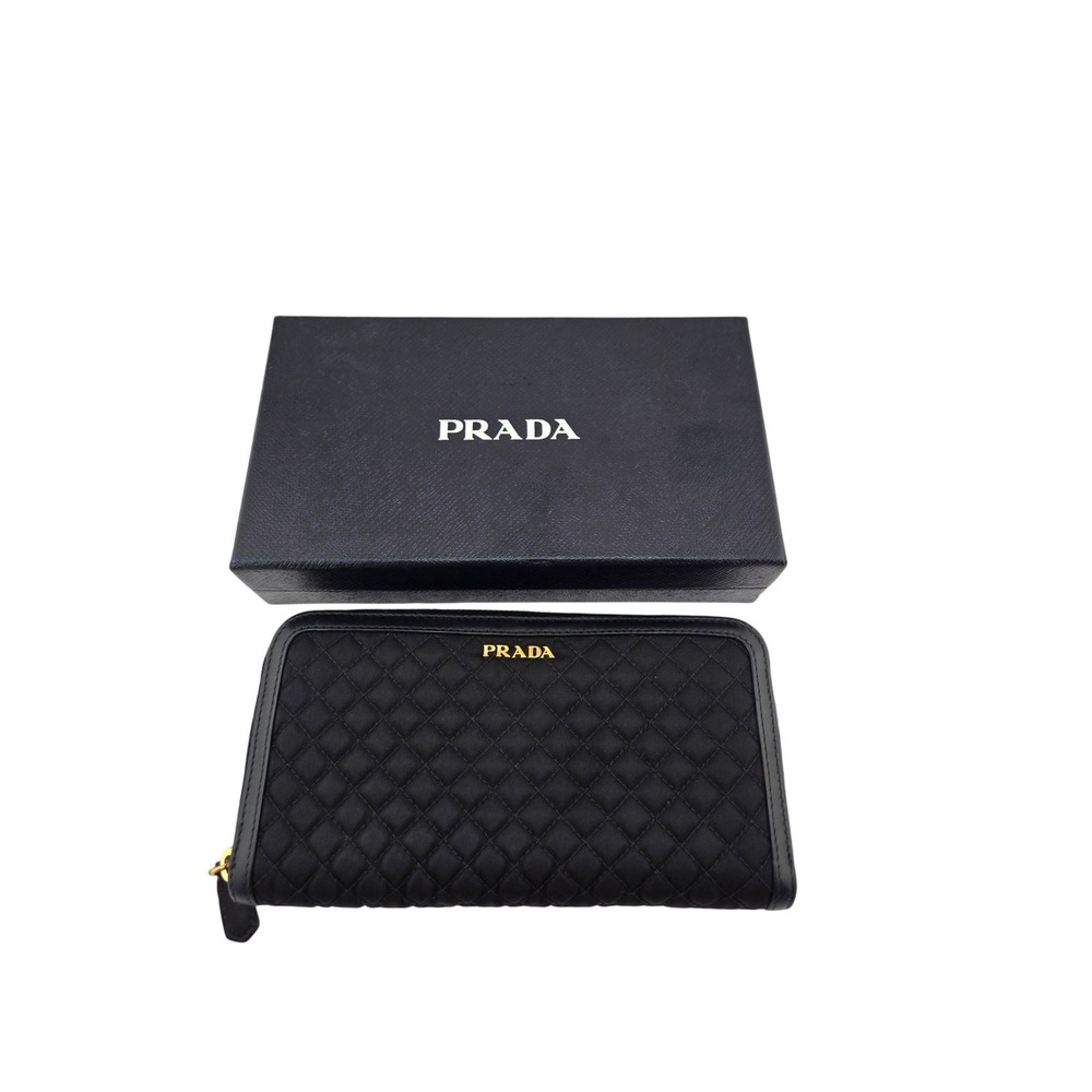Prada Black Quilted Tessuto Nylon Zip Around Wallet Gold Hardware Box COA